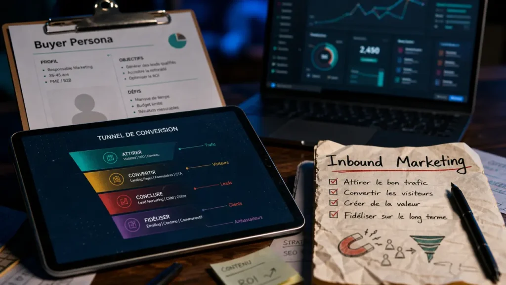 Inbound marketing définition : tunnel de conversion sur écran, concept inbound marketing