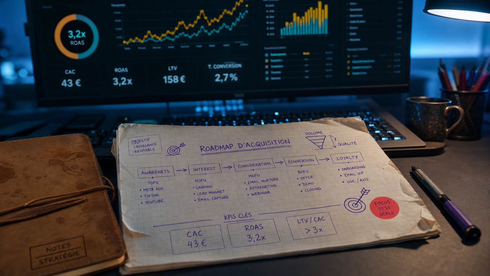 Stratégie d acquisition : tableau KPI CAC ROAS sur écran