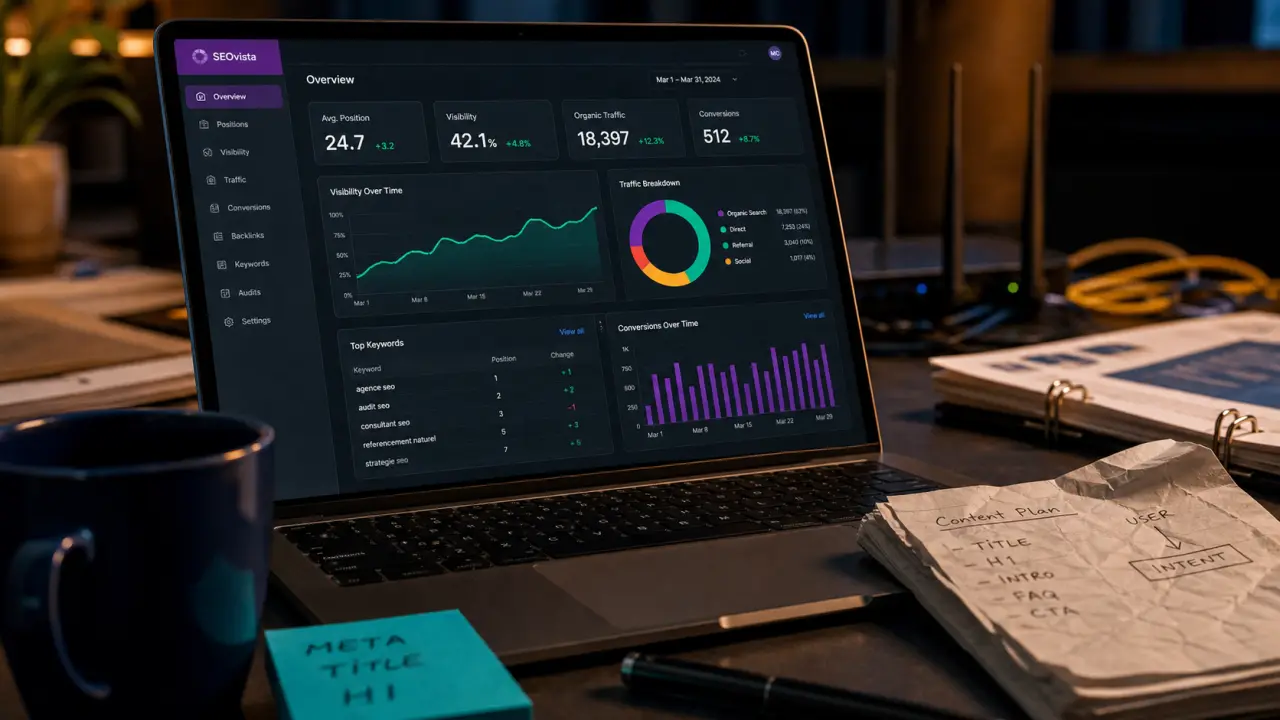 Suivi referencement SEO : tableau visibilité trafic et ROI