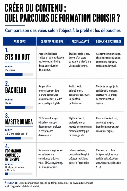 Formation création de contenu : comparaison des parcours BTS, Bachelor, Master et reconversion
