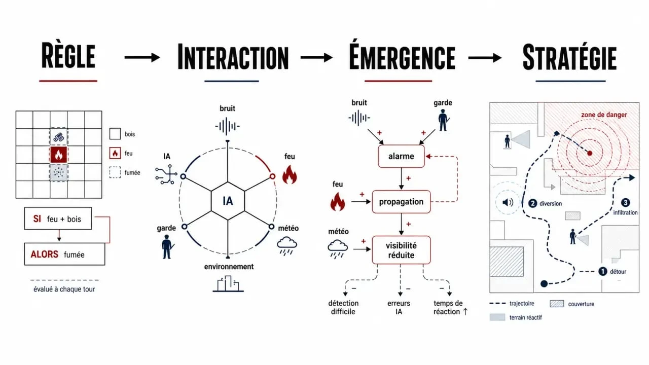 Jeu video avec une structrue systremique illustré par un schéma causal des règles et de l’émergence