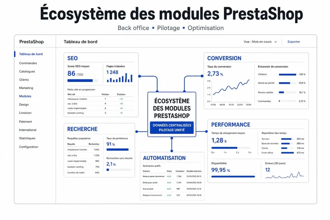 Add on prestashop : illustration éditoriale des principaux modules par besoin métier dans l’interface d’une boutique