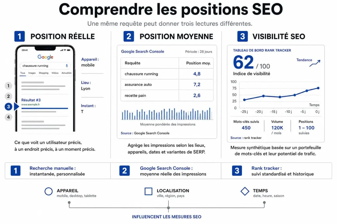 Schéma comparatif pour connaître son classement Google : position réelle, position moyenne et visibilité
