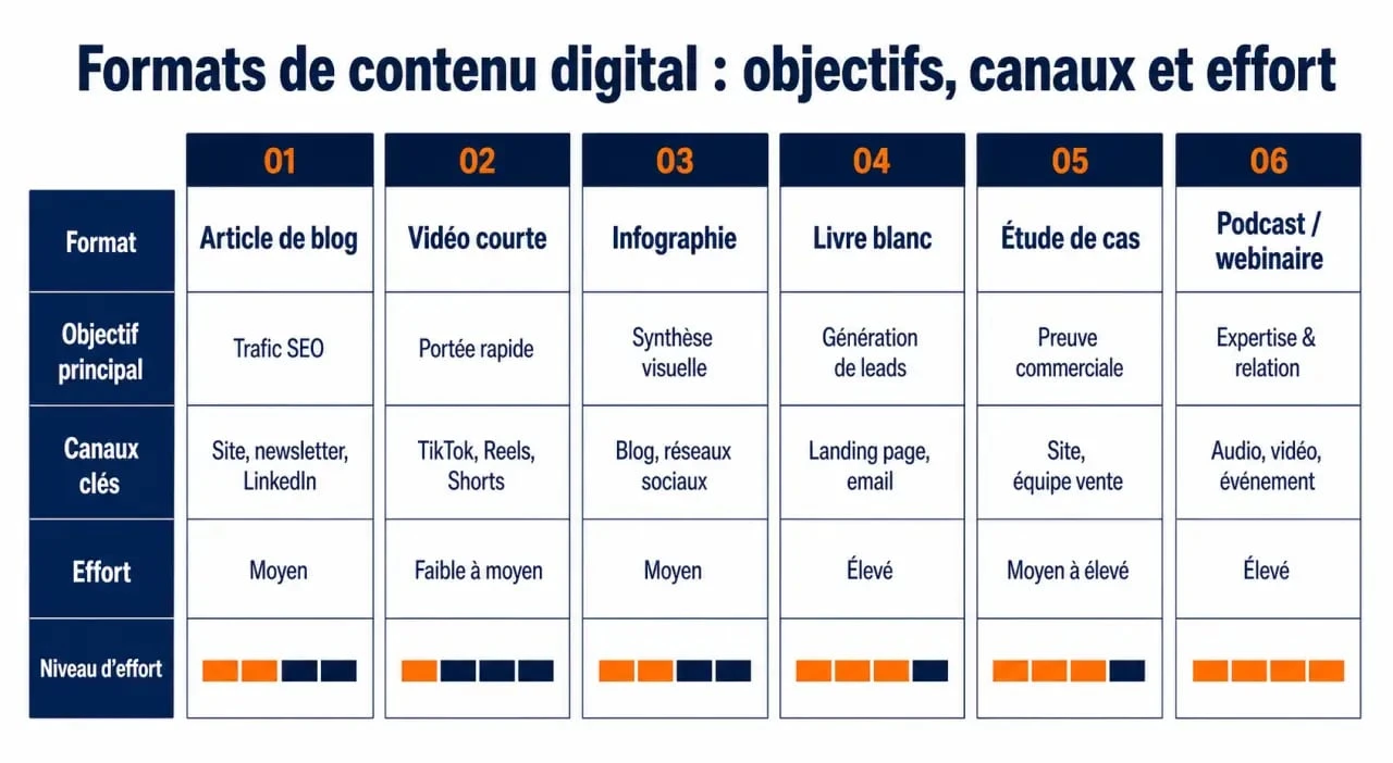 Création de contenu digital : schéma comparatif des formats, objectifs, canaux et niveau d’effort