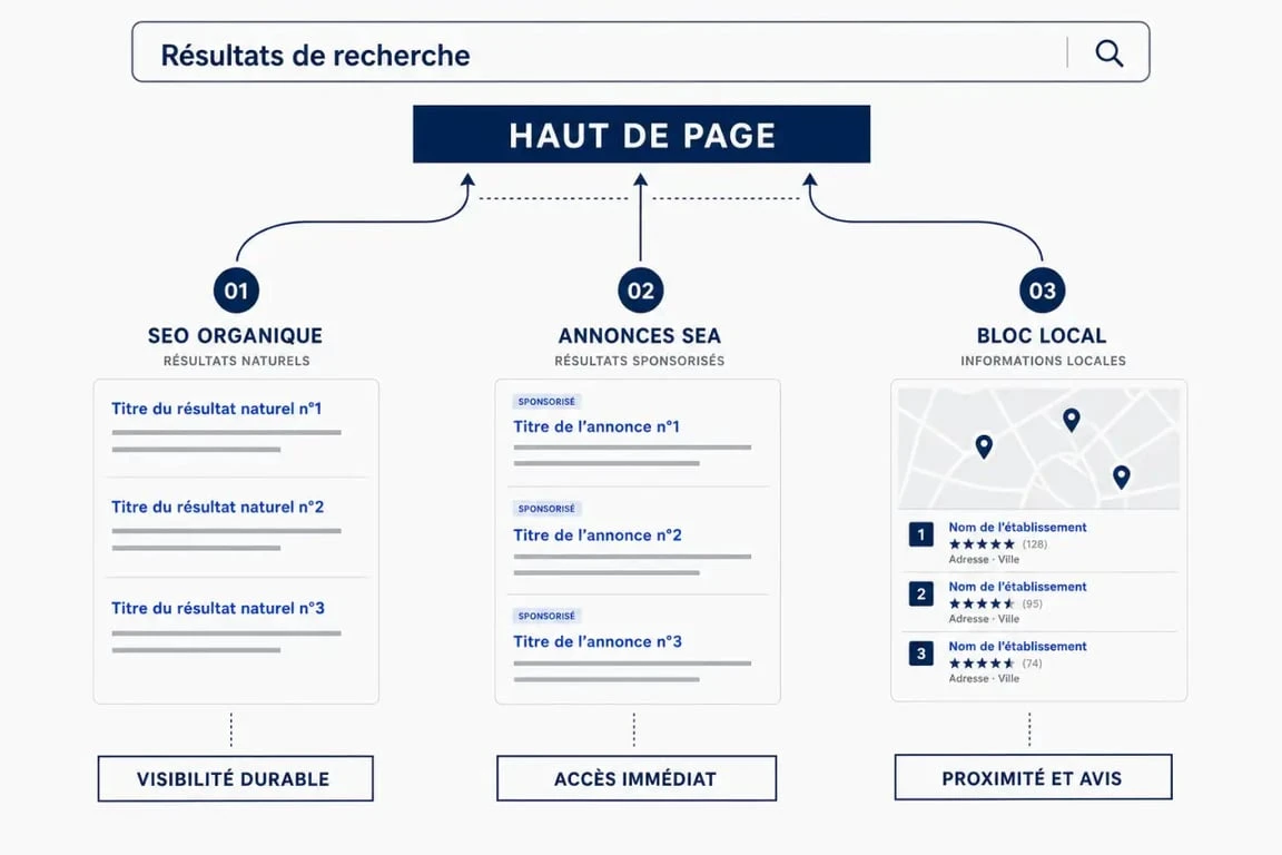 Premiere position sur Google : comparaison visuelle SEO, SEA et référencement local