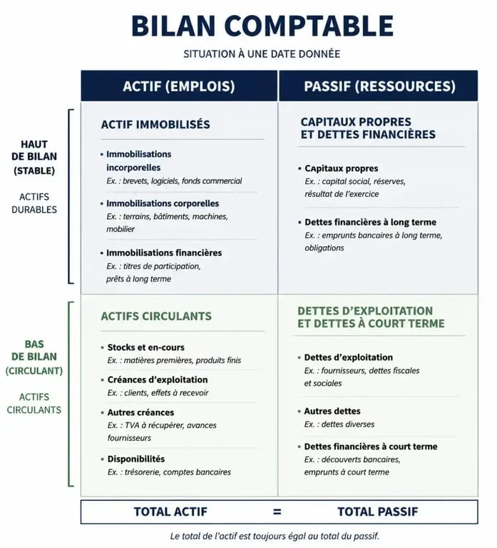 Schéma du bilan comptable illustrant les ressources financières et les emplois