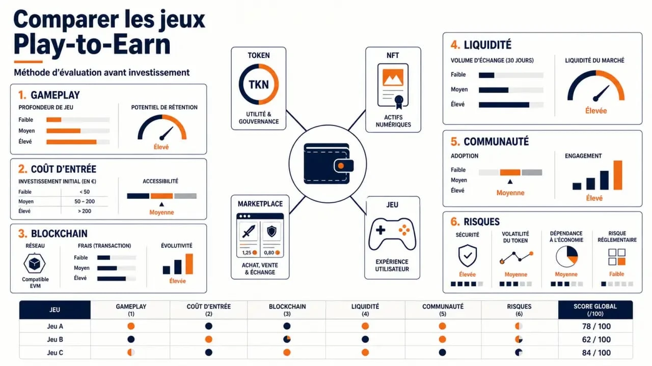 Jeux play to earn : infographie des critères à vérifier avant de choisir un jeu