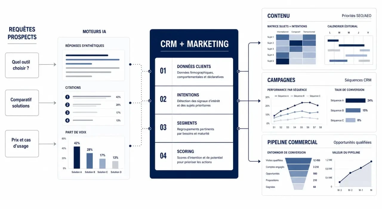 Outils aeo intégration plateformes marketing crm : schéma éditorial reliant visibilité IA, CRM et actions marketing