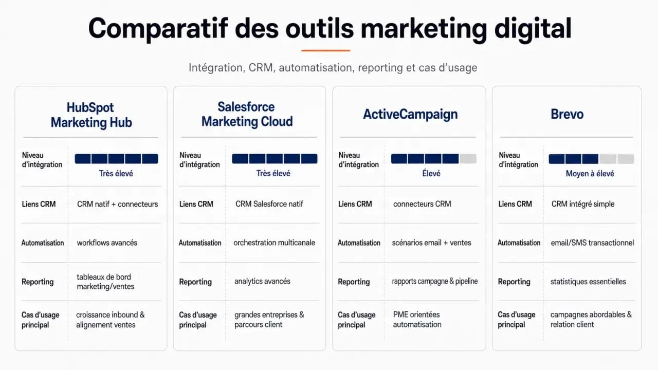 meilleur outil marketing digital intégration logiciels 2026 : comparatif des niveaux d’intégration de HubSpot, Salesforce, ActiveCampaign et Brevo
