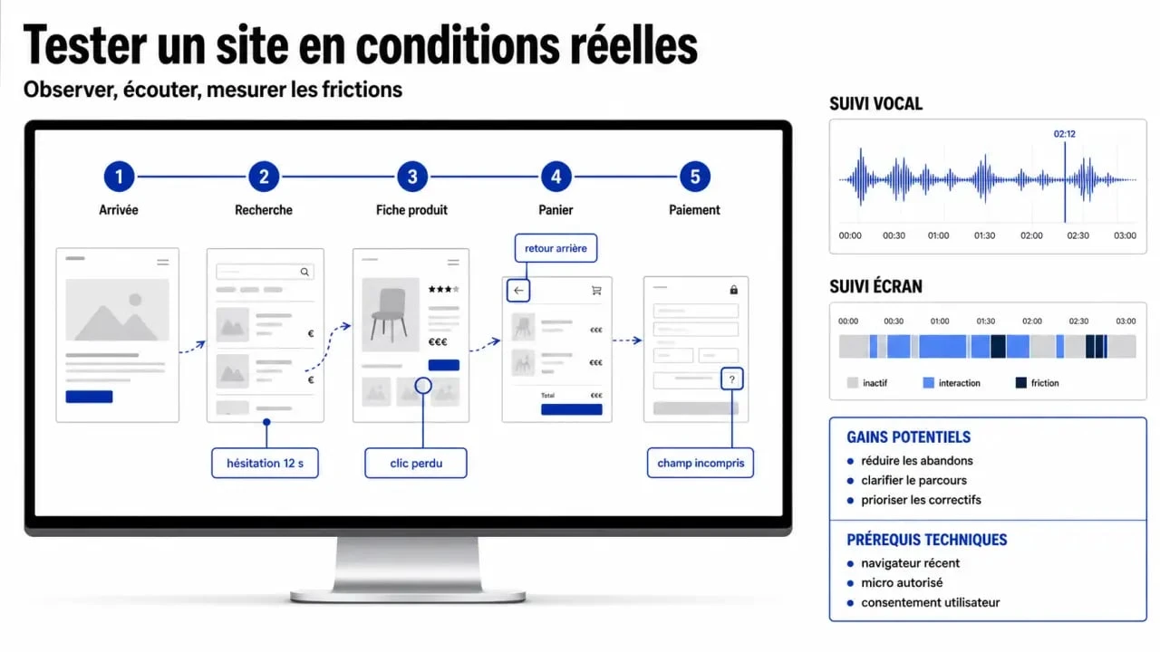 Testeur site internet : illustration éditoriale du parcours de test, des gains et des prérequis techniques