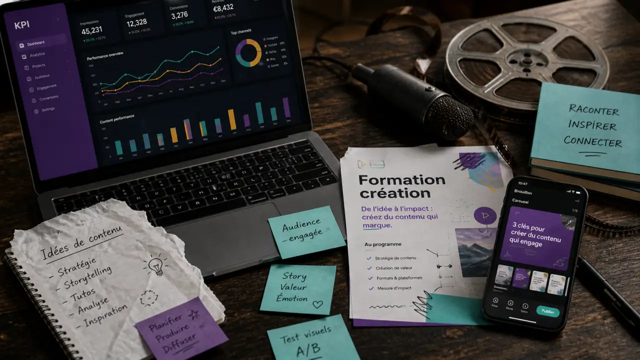 Formation création de contenu : communication, marketing ou vidéo (photo carnet et écran KPI)
