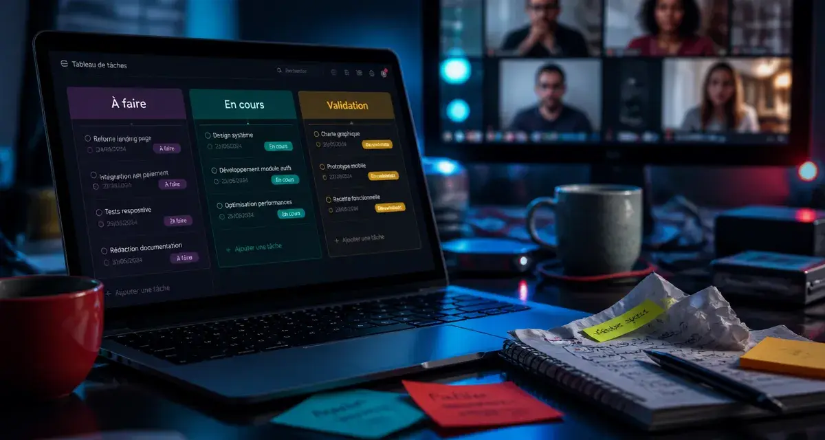 Meilleur logiciel gestion projet équipes marketing distantes : tableau Kanban sur ordinateur et visio.