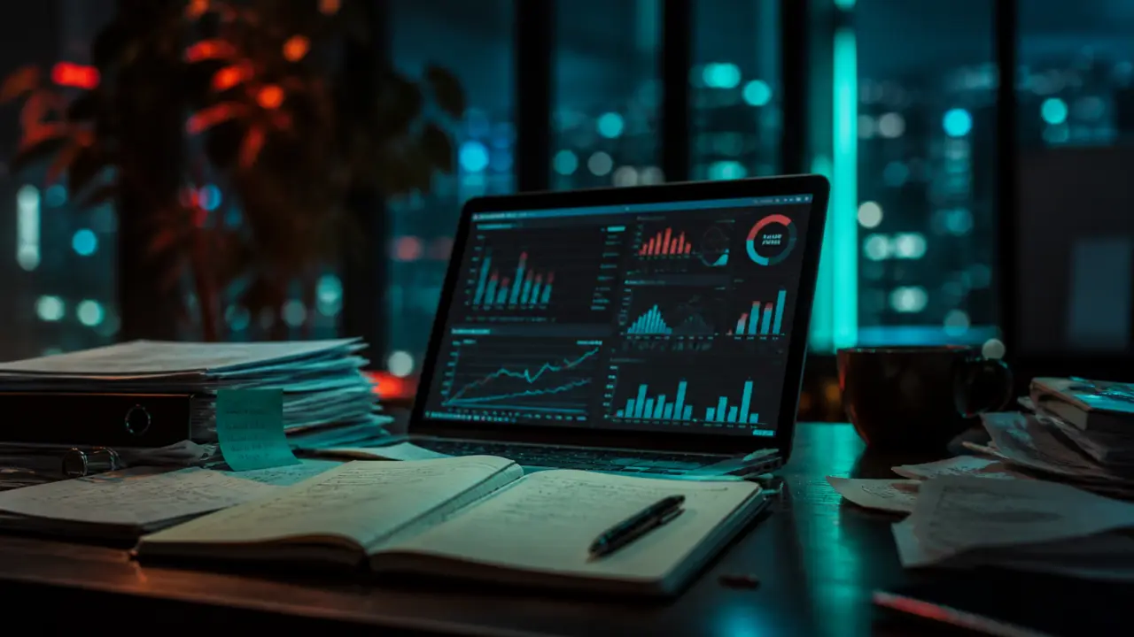 Outils de gestion : bureau avec carnet, ordinateur et tableau de bord
