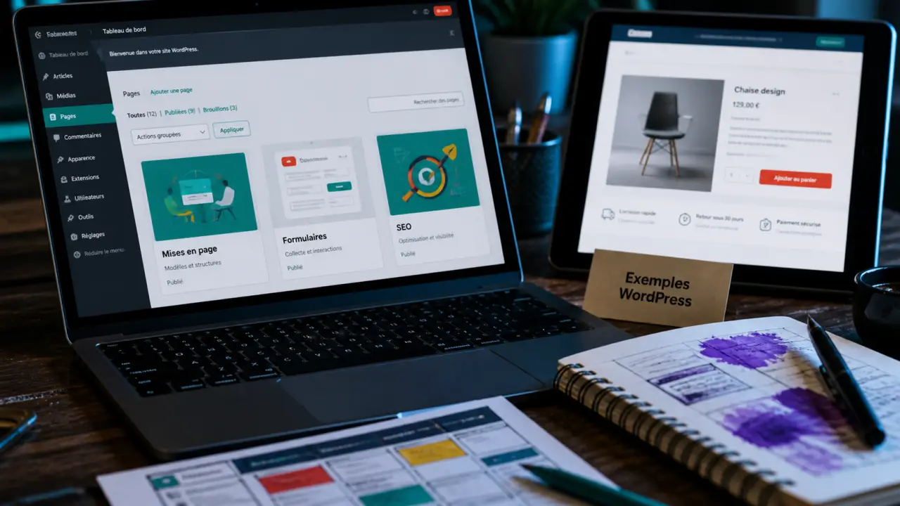 WordPress site exemple : tableau vitrine, média et boutique