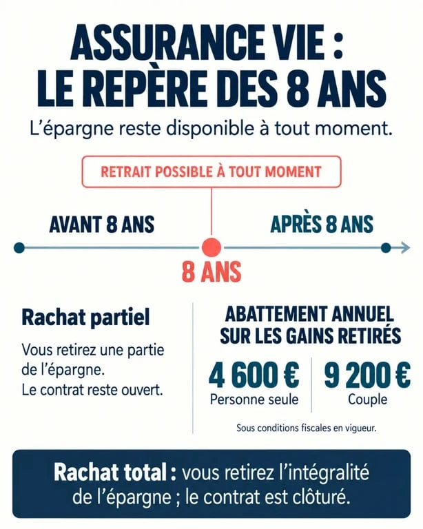 Infographie sur la durée assurance vie, le cap fiscal des 8 ans et les rachats