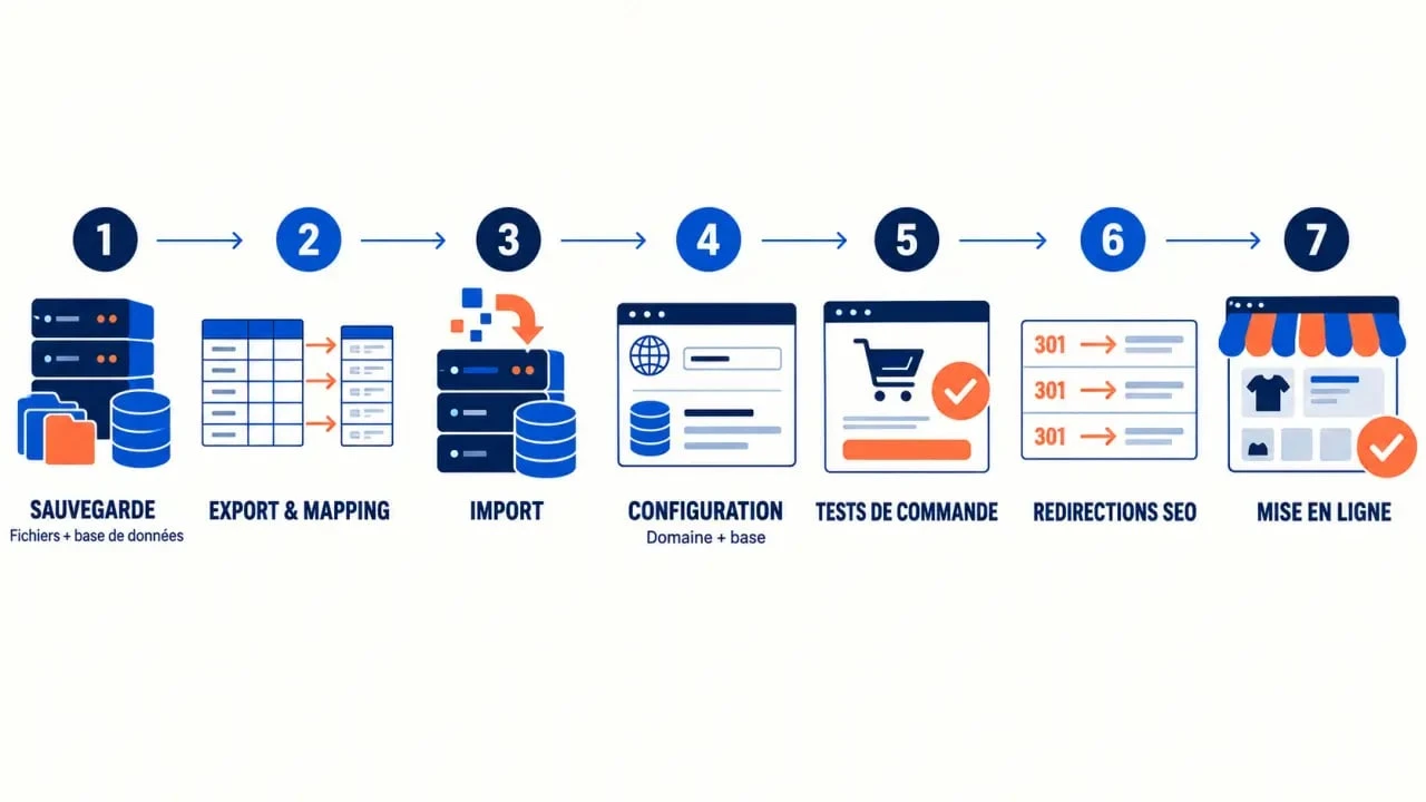 Processus illustré pour migrer PrestaShop avec sauvegarde, import, tests et redirections SEO