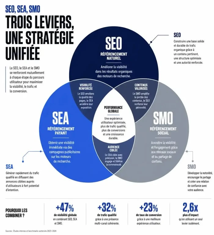 Schéma illustrant la complémentarité entre SEO, SEA et SMO pour une agence SEM SEO performante