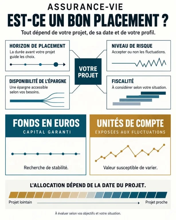 Infographie assurance vie est ce un bon placement selon le risque, l’horizon et la disponibilité