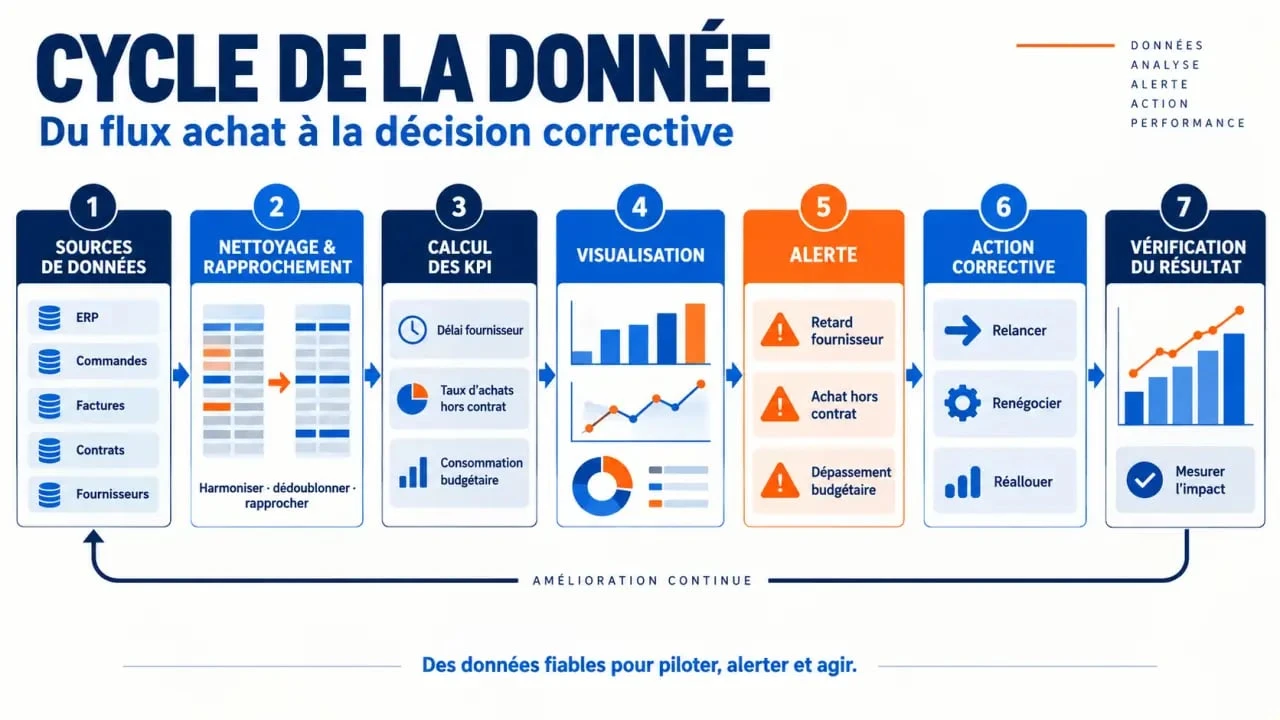 Cycle de la donnée dans un tableau de bord achat, de la collecte à l’action corrective