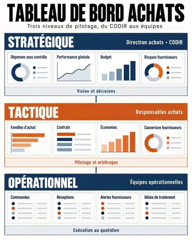Infographie des trois niveaux d’un tableau de bord achat stratégique, tactique et opérationnel