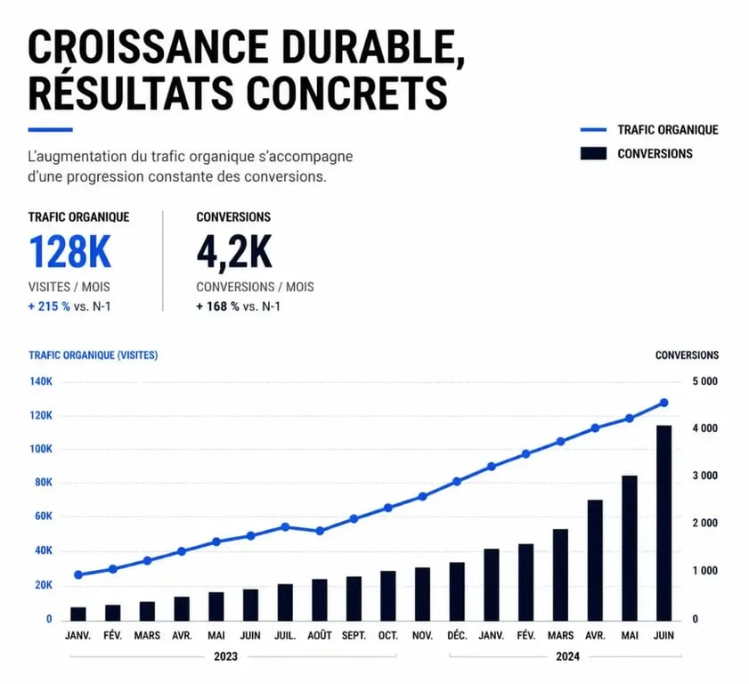 Visualisation de données pour rapports SEO montrant la corrélation entre trafic organique et conversions