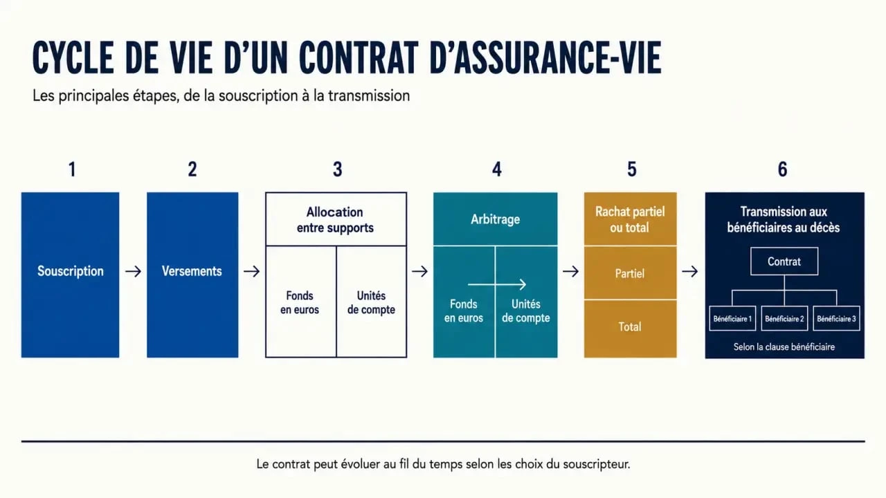 Principe assurance vie : cycle du contrat de la souscription à la transmission