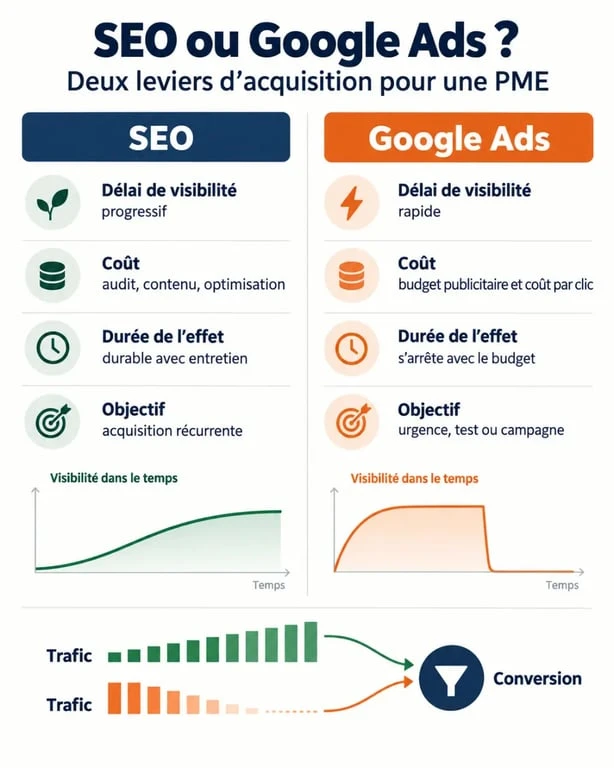 SEO pour PME : comparaison visuelle entre référencement naturel et Google Ads