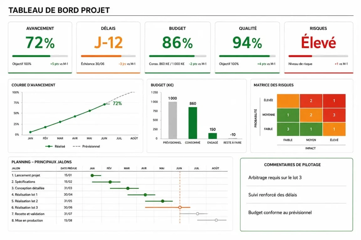 Projet tableau de bord avec KPI d’avancement, délais, budget, qualité et risques dans une maquette de pilotage