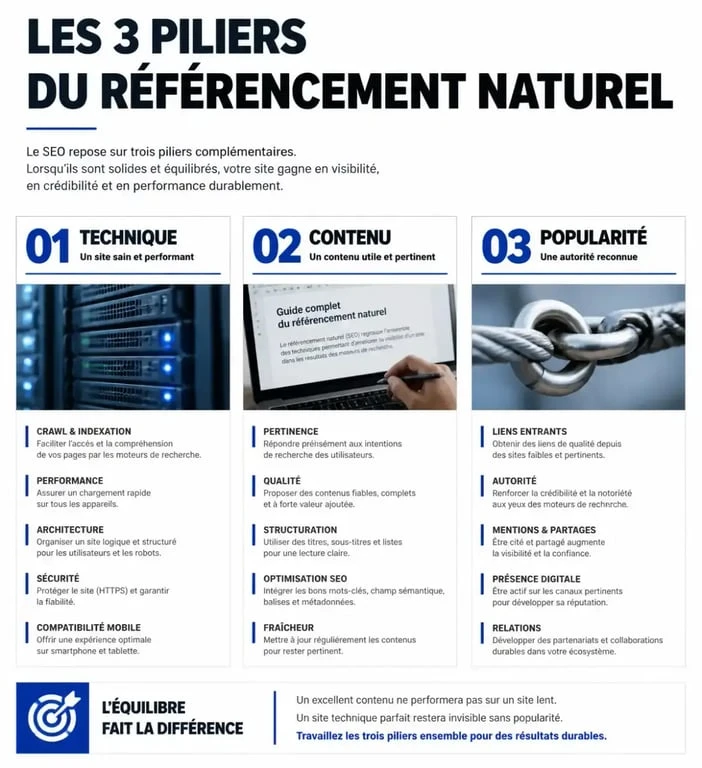 Infographie des trois piliers du coaching référencement naturel : technique, contenu et popularité.