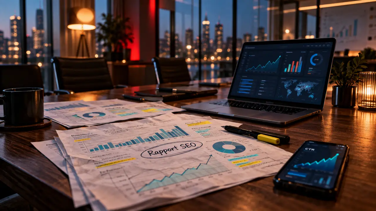 Rapports SEO en salle de réunion, dashboard et CTR