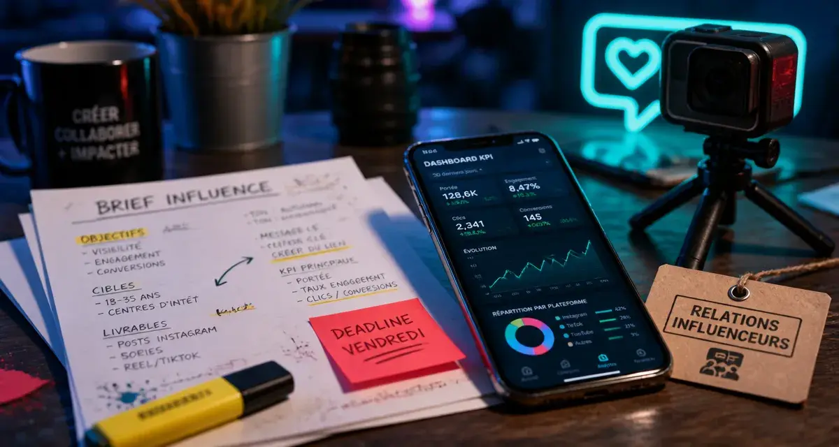 Relations influenceurs : partenariats durables et marque crédible, brief et KPI sur smartphone